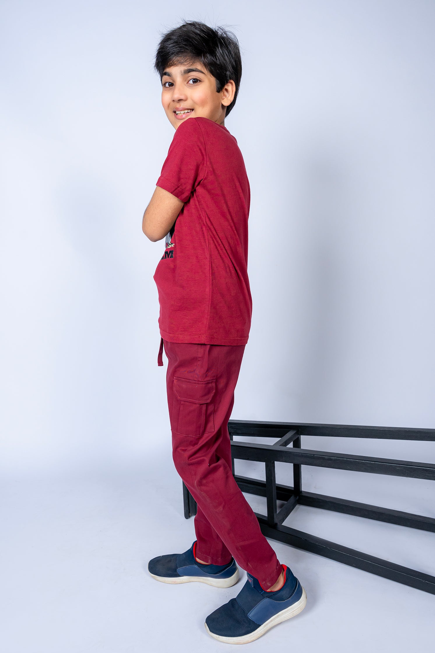 BOY'S T-SHIRT MAROON WITH FRONT "NO ROAD NO CAR" PRINTING