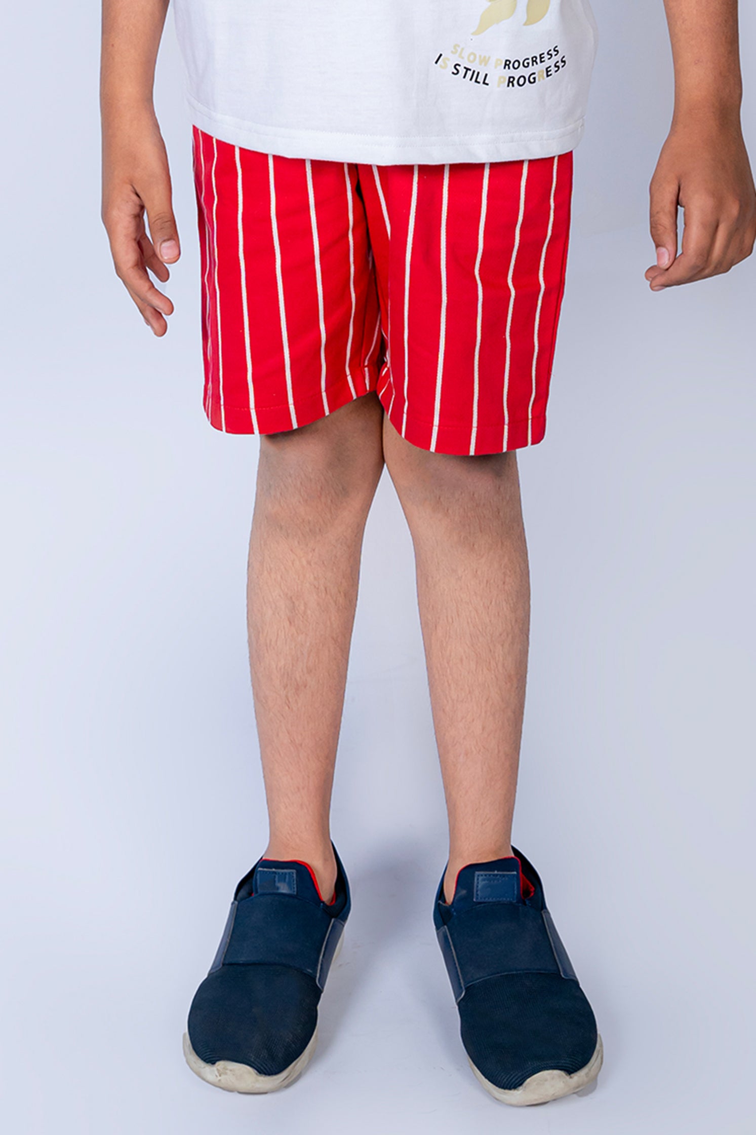 KID'S TWILL SHORTS RED WITH WHITE LINES