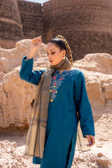 Embroidered 3PC Stitched Suit with Zarri Net Dupatta and Capry