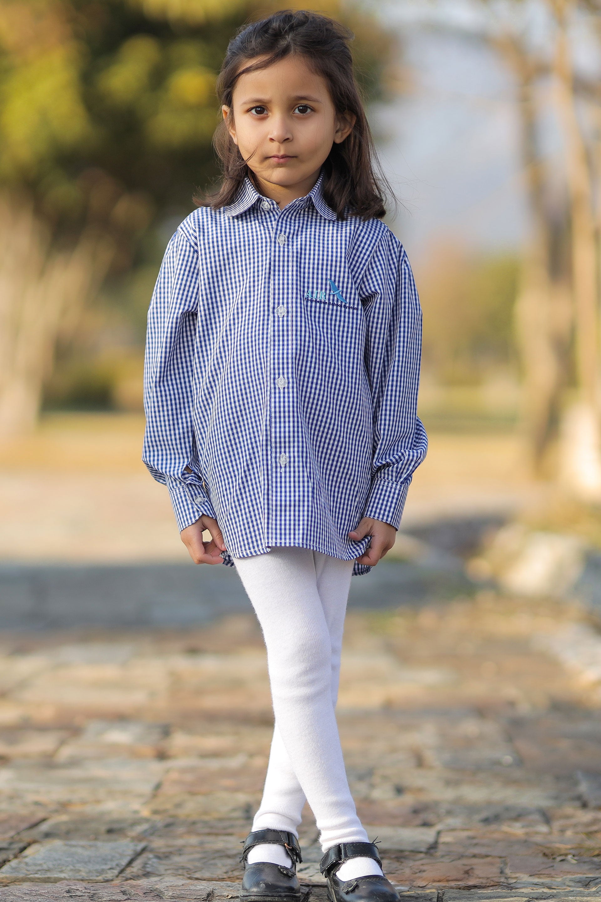 BLOUSE BLUE CHECK F/S FOR GIRLS