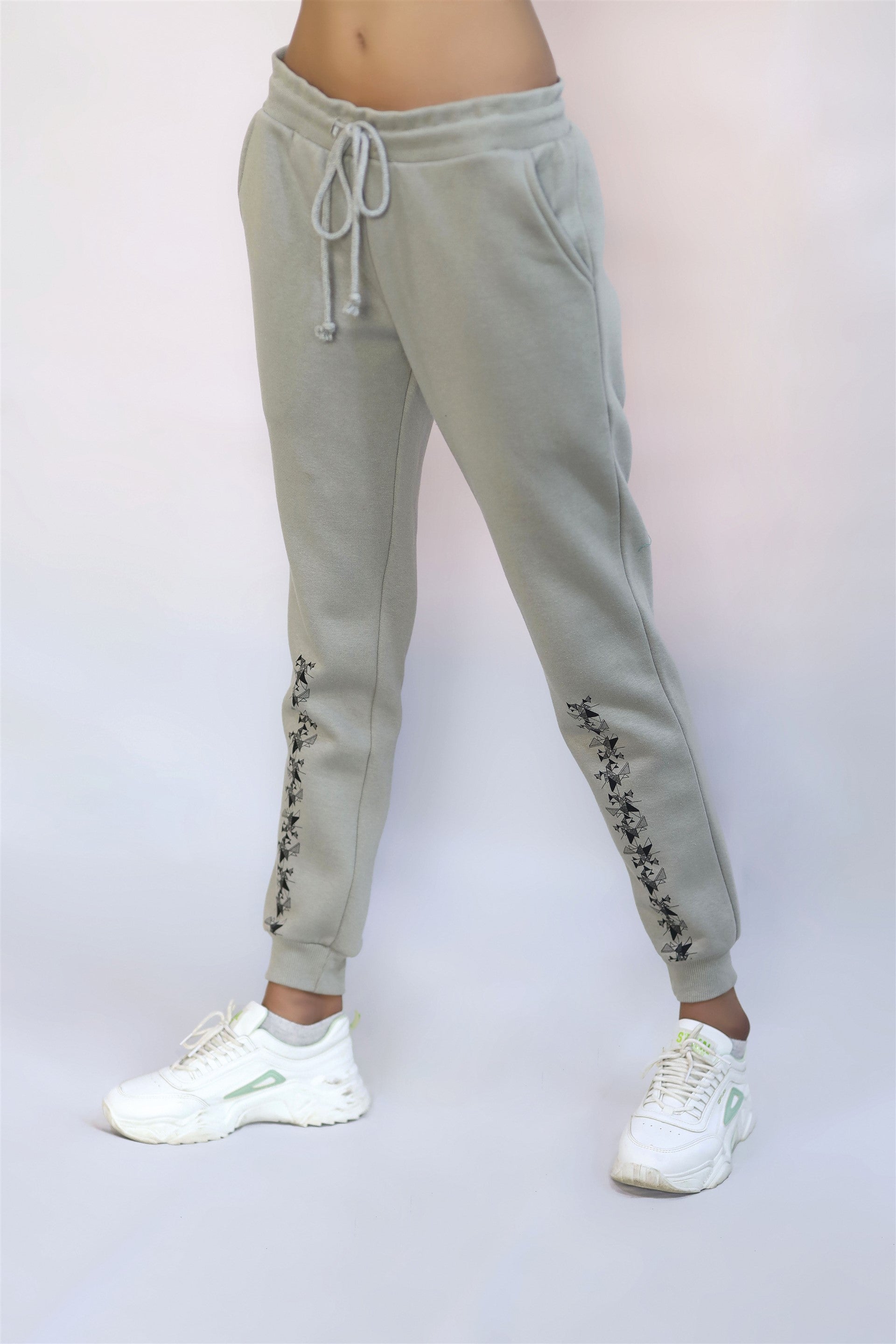 COTTON KNITTED TERRY TROUSER GRAY FLOWER PRINTING