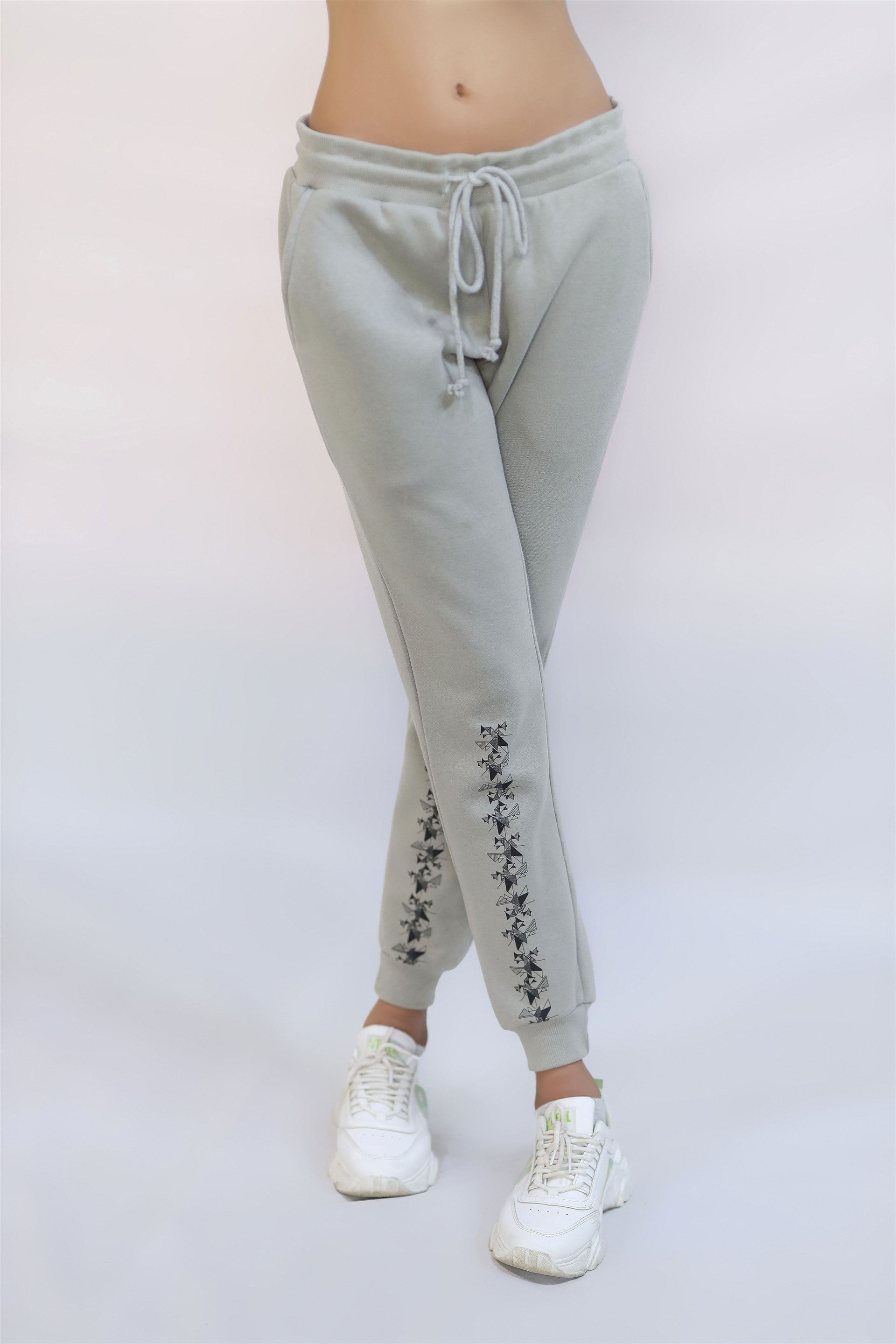 COTTON KNITTED TERRY TROUSER GRAY FLOWER PRINTING