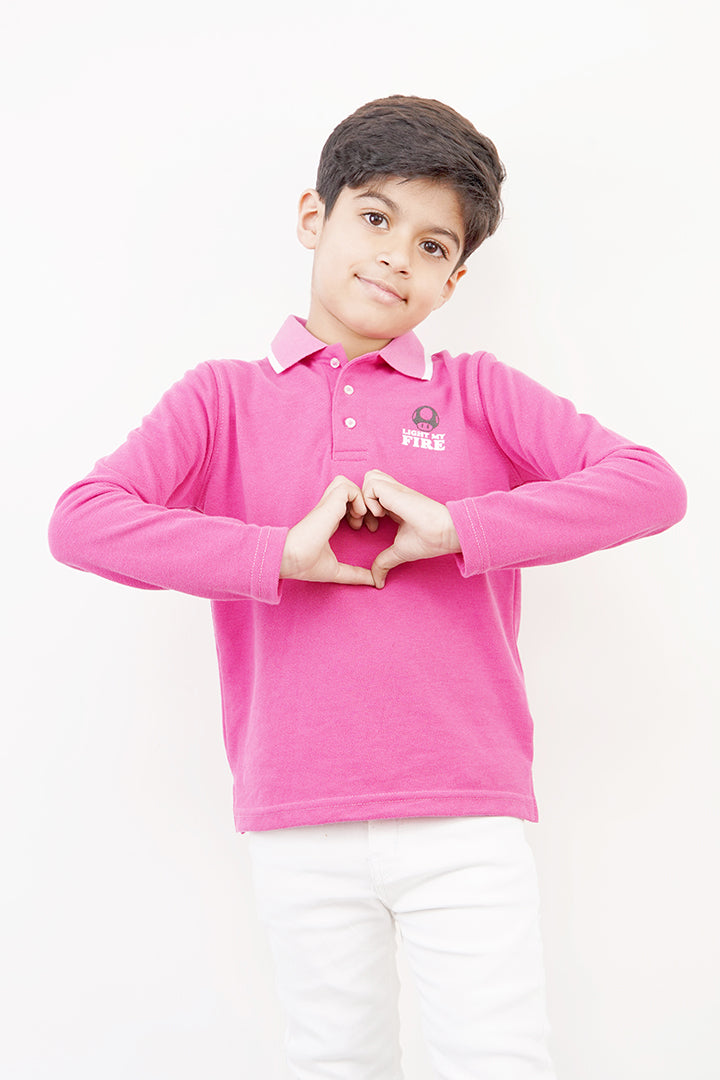 KIDS POLO PINK  FRONT PRINTING LIGHT MY FIRE